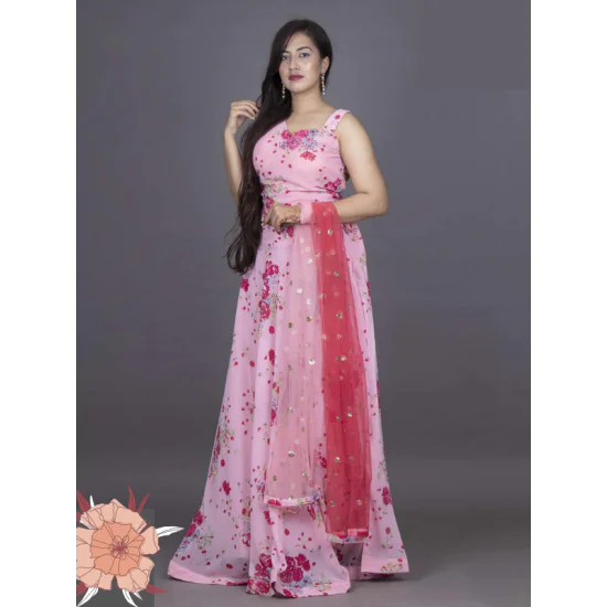 Floral Lehenga with Crop Top in Peach and Red Print