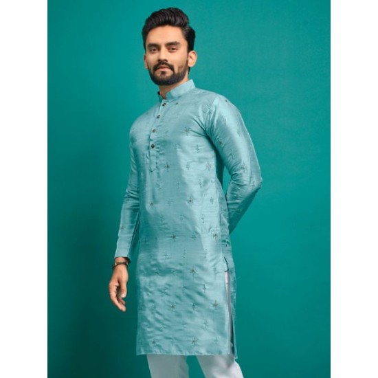 Soft Silk Thread Embroidery Men's Kurta with Pajama Set