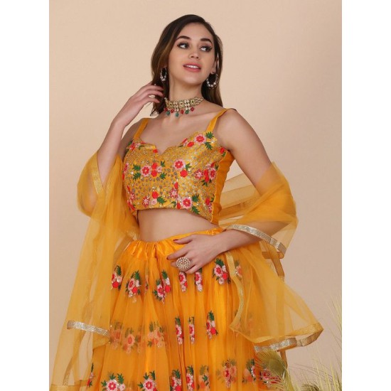 Yellow Floral Embroidery Heavy Net Lehenga Choli Readymade