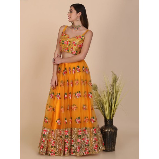 Yellow Floral Embroidery Heavy Net Lehenga Choli Readymade