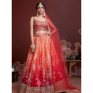 Orange Red Chinon Embroidered Designer Lehenga Choli Readymade