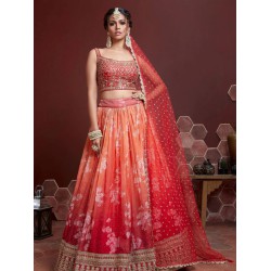 Orange Red Chinon Embroidered Designer Lehenga Choli Readymade