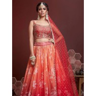 Orange Red Chinon Embroidered Designer Lehenga Choli Readymade