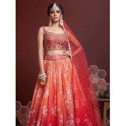 Orange Red Chinon Embroidered Designer Lehenga Choli Readymade