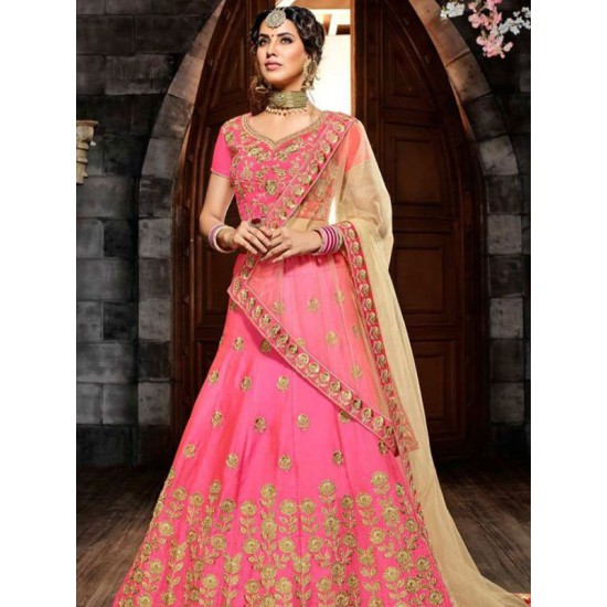 Pink Lemon Silk Zari Embroidery Bridal Lehenga Choli Readymade