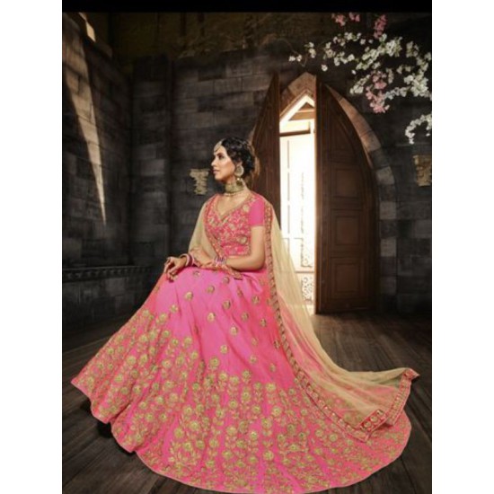 Pink Lemon Silk Zari Embroidery Bridal Lehenga Choli Readymade