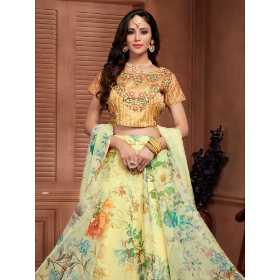 Yellow Floral Digital Printed Organza Silk Lehenga Choli Readymade