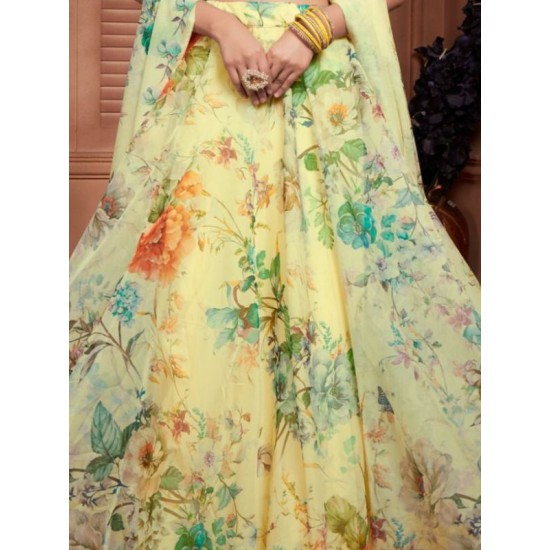 Yellow Floral Digital Printed Organza Silk Lehenga Choli Readymade