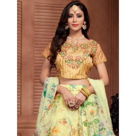 Yellow Floral Digital Printed Organza Silk Lehenga Choli Readymade