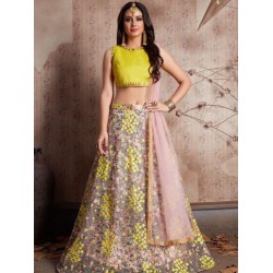 Yellow Floral Embroidery Multi Soft Net Lehenga Choli Readymade