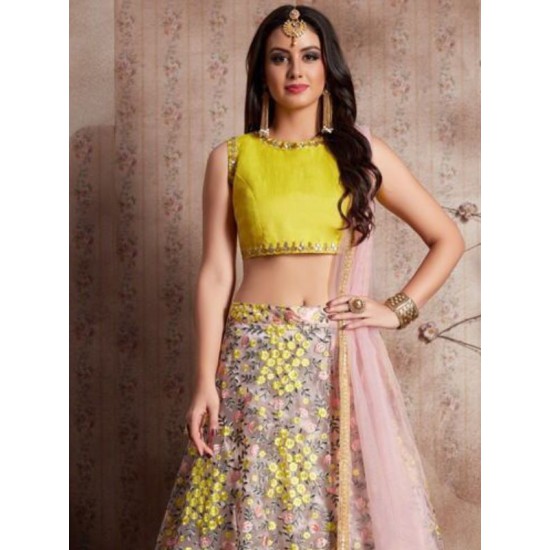 Yellow Floral Embroidery Multi Soft Net Lehenga Choli Readymade