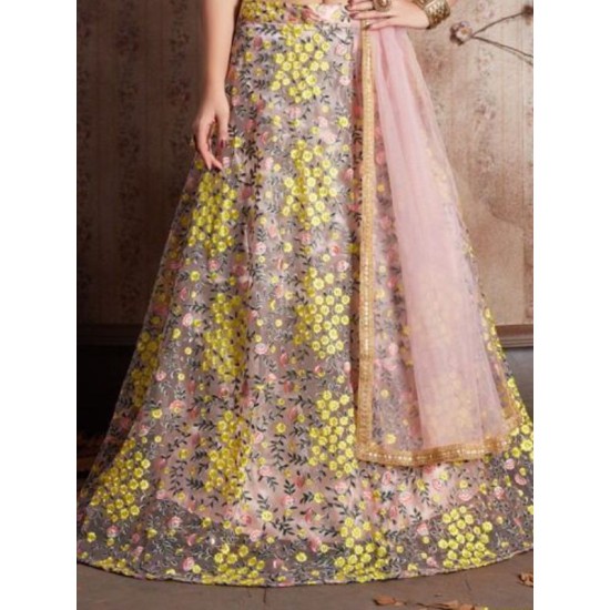 Yellow Floral Embroidery Multi Soft Net Lehenga Choli Readymade