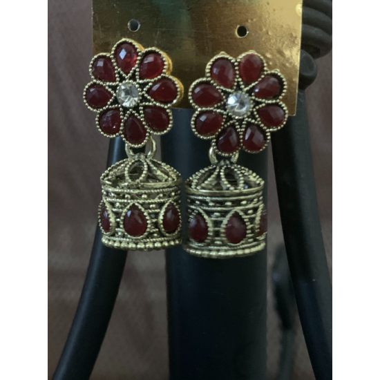 Flower design Stone Work Gold plated Jhumka Earring