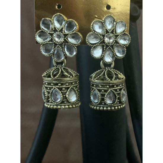 Flower design Stone Work Gold plated Jhumka Earring