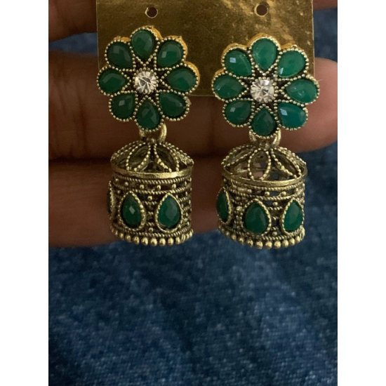 Flower design Stone Work Gold plated Jhumka Earring