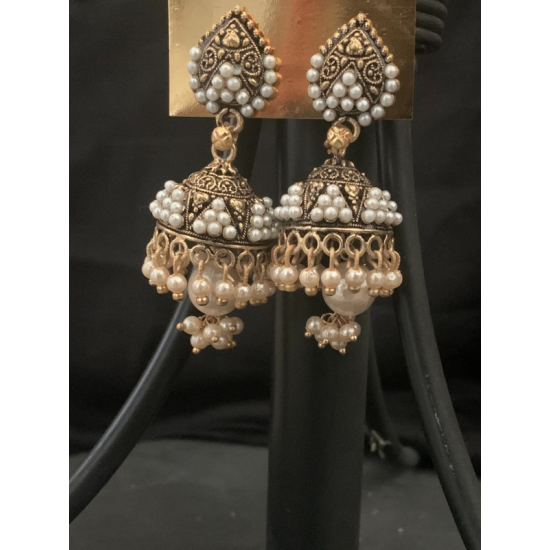 Gold Plated Black Colors Beads Pearl Finish Jhumka Earring