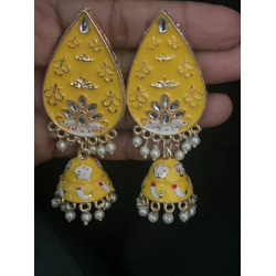 Hand Painted Leaf Shape Pearls Droppings Enameled Designer Earrings