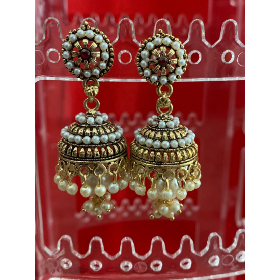 Gold Plated Black Colors Beads White Pearl Finish Jhumka Earring