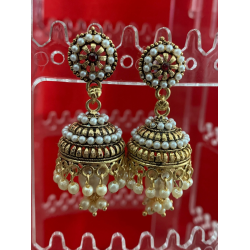 Gold Plated Black Colors Beads White Pearl Finish Jhumka Earring