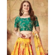 Green With Yellow Floral Digital Print Organza Lehenga Choli Readymade