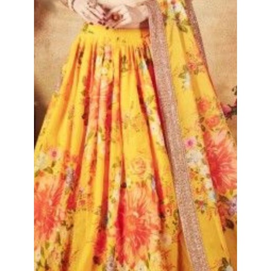 Green With Yellow Floral Digital Print Organza Lehenga Choli Readymade