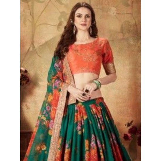 Orange with Green Floral Digital Print Organza Lehenga Choli Readymade