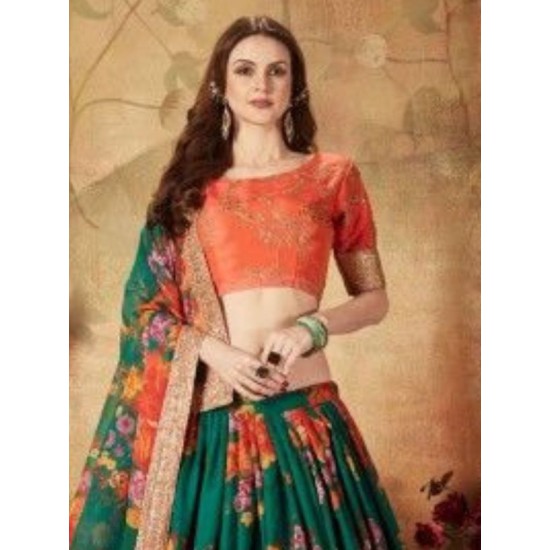 Green with Orange Floral Digital Print Organza Lehenga Choli Readymade