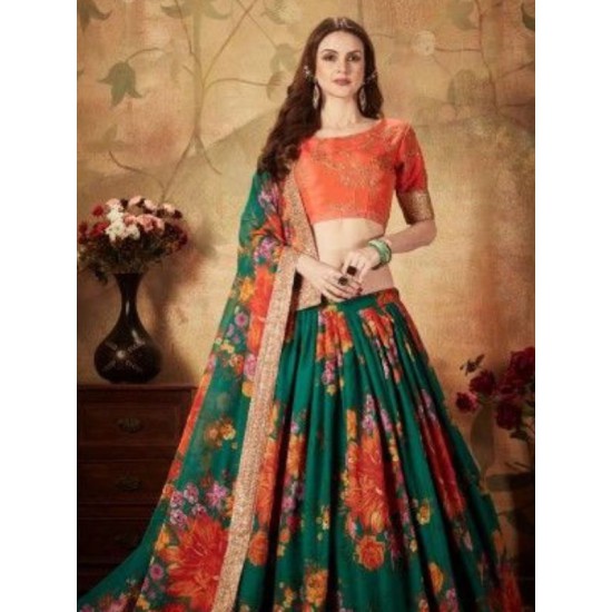 Green with Orange Floral Digital Print Organza Lehenga Choli Readymade