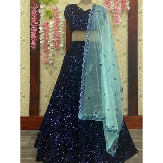 Sequence Work With Fancy Designer Navy Blue Velvet Lehenga Choli