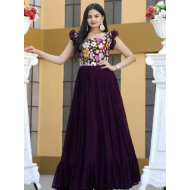 Wine Designer Party Wear Faux Blooming Bustle Gown